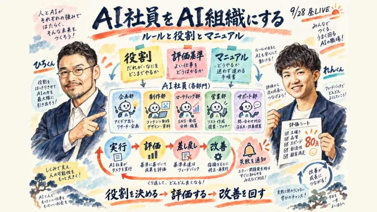 AI社員をAI組織にするための、ルールと役割と評価基準と失敗通知を描いたグラレコ全体図