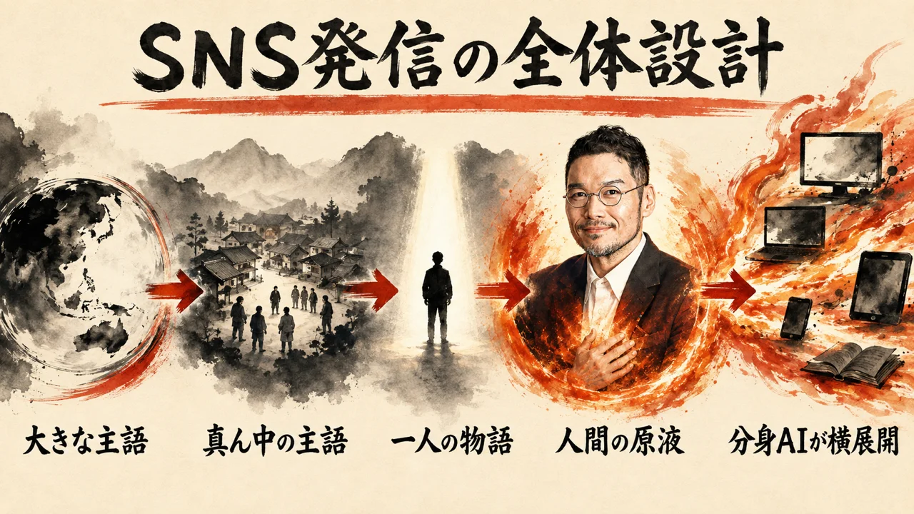 SNS発信の全体設計。大きな主語から一人の物語へ降り、人間の原液を分身AIが広げる流れ
