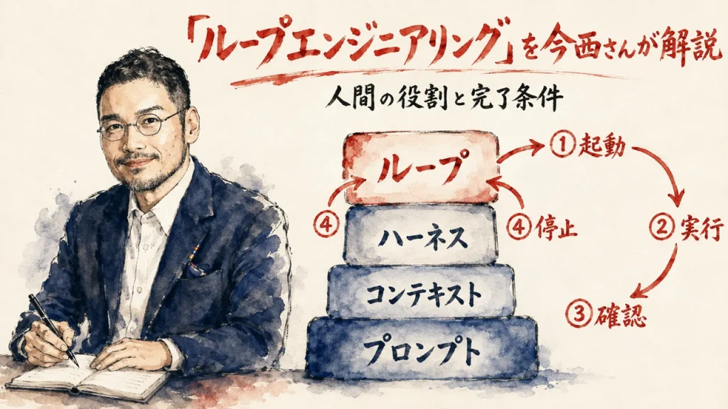 ループエンジニアリングの全体図解——プロンプト・コンテキスト・ハーネス・ループの4層と、確認・停止の心臓部