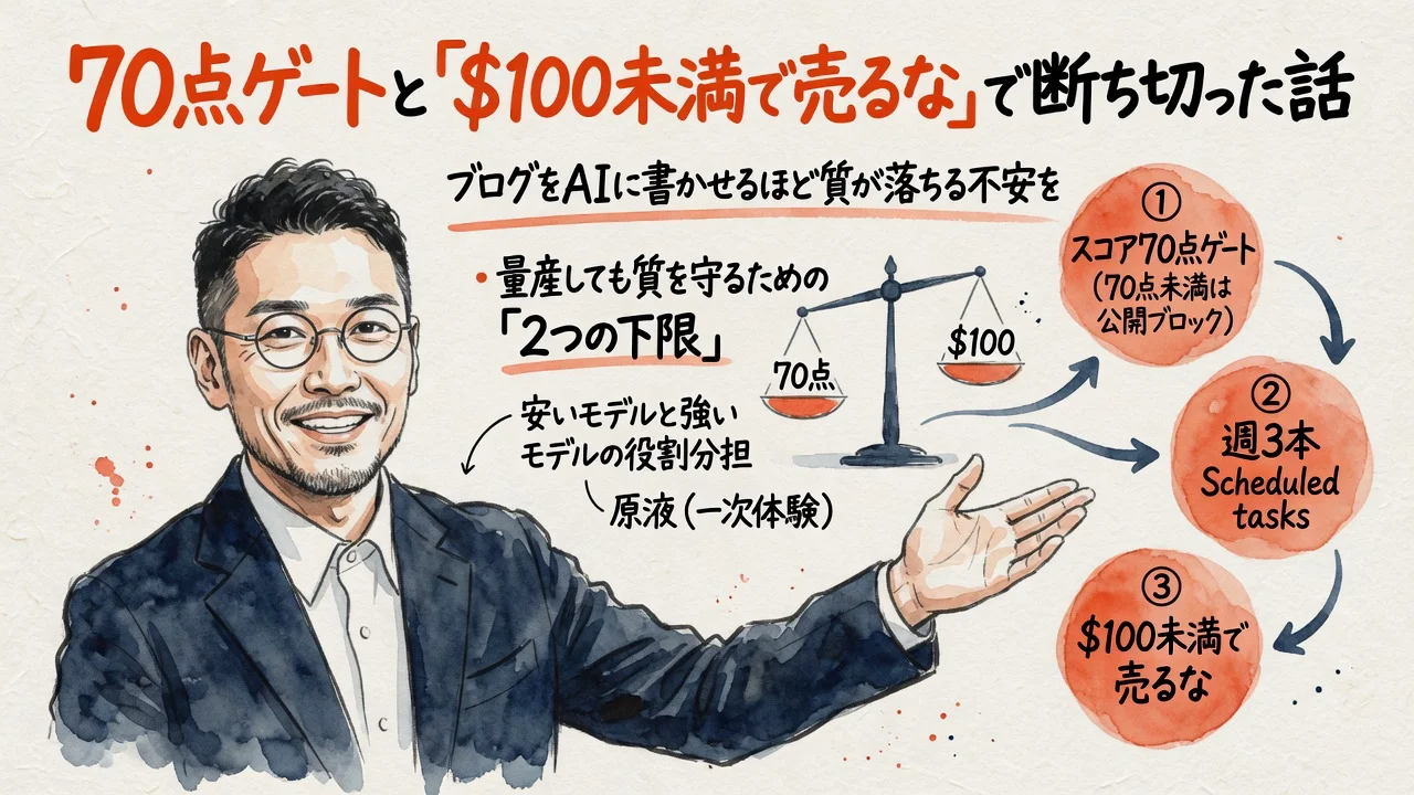 claude-blog v2.1.1の全体図解——AI検索エンジン向けスコアリング・週3本自動投稿・値付けの下限の3テーマ