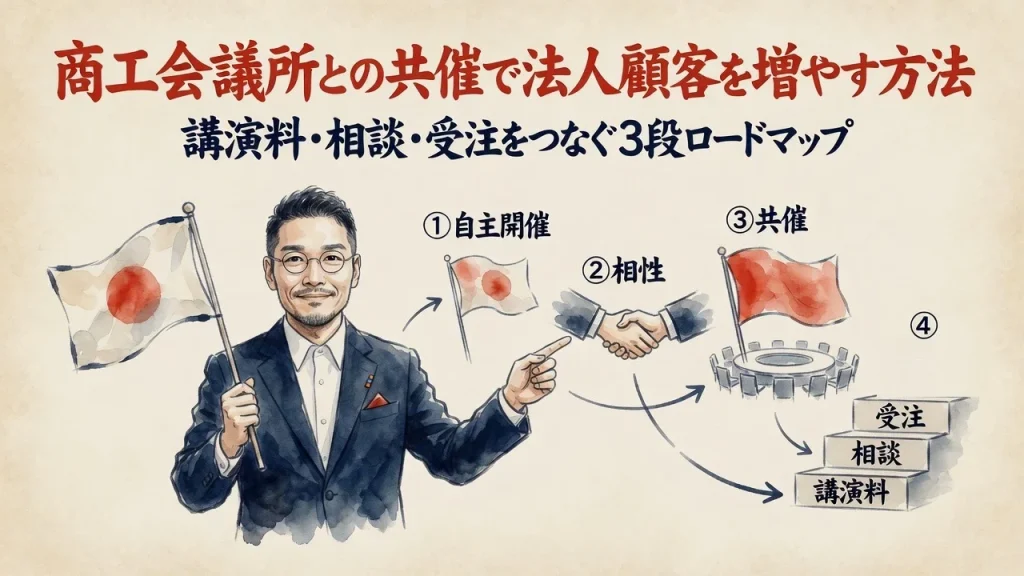 商工会議所との共催で法人顧客を増やす方法をなかもとたつきさんが解説する全体図