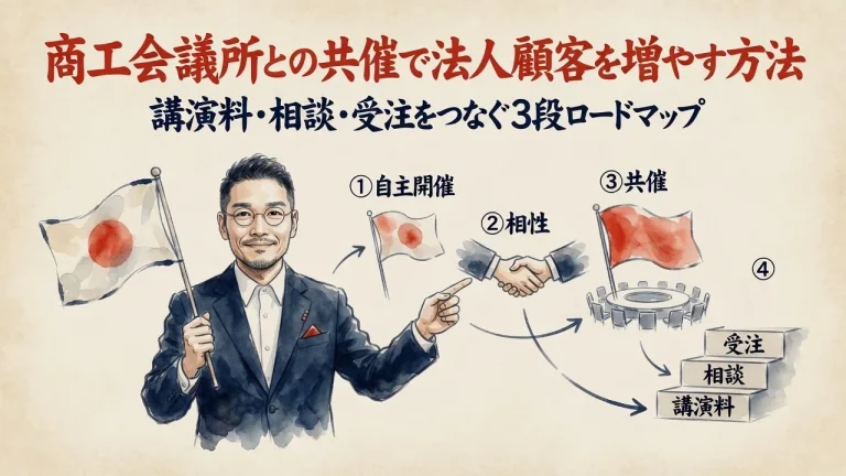 商工会議所との共催で法人顧客を増やす方法をなかもとたつきさんが解説する全体図