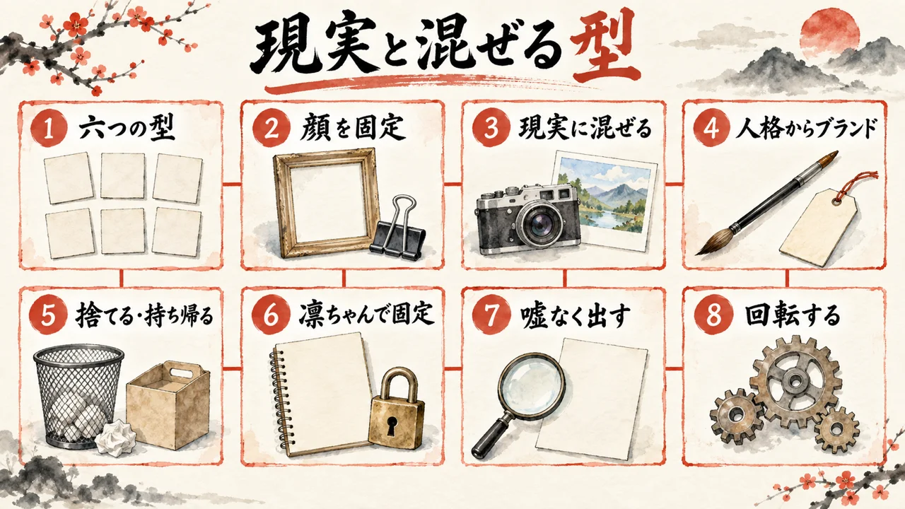 現実と混ぜる型。与沢翼さんの配信から考える8つの章の全体図解