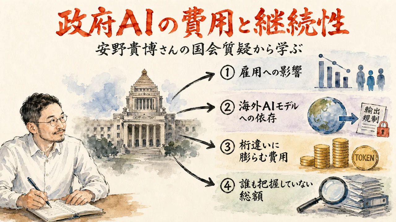 政府AI「源内」の費用と継続性──安野貴博さんの国会質疑から学ぶ の全体図解