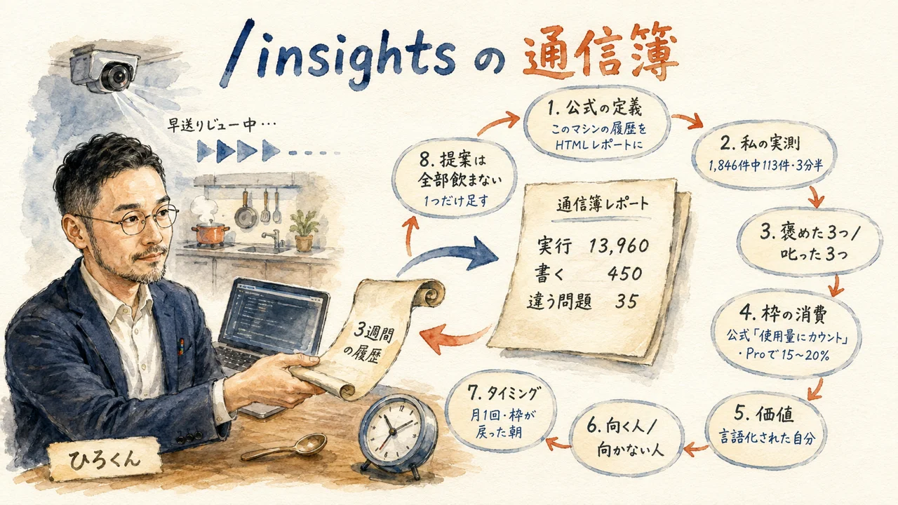 /insightsの通信簿:3週間の履歴から公式の定義・実測・褒めた叱った・枠の消費・価値・向く人・タイミング・提案の仕分けまで8項目の全体図