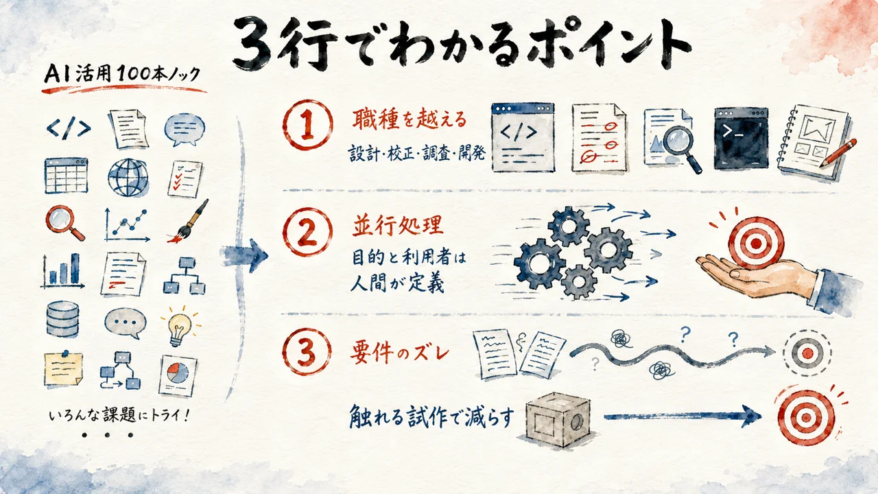 設計・校正・調査・開発を越えて広がるAI活用と、人間が握る目的・利用者・試作の3行ポイント図解