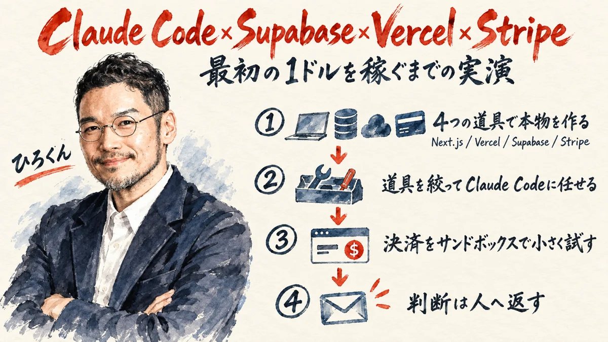 Claude Code×Supabase×Vercel×Stripeで最初の1ドルを稼ぐまでの実演の全体図解