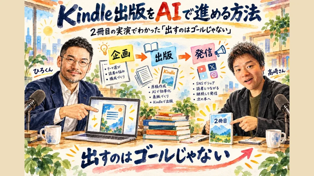 Kindle出版をAIで進める方法｜ひろくんと高崎さんが2冊目を指差す全体像