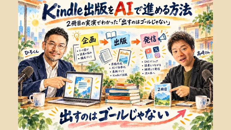 Kindle出版をAIで進める方法｜ひろくんと高崎さんが2冊目を指差す全体像