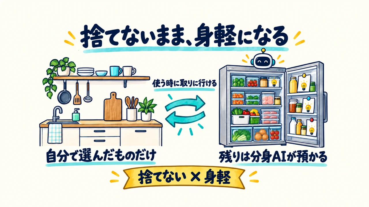 捨てないまま身軽になる図解。キッチンには自分で選んだものだけ、残りはセカンド冷蔵庫のように分身AIが預かる