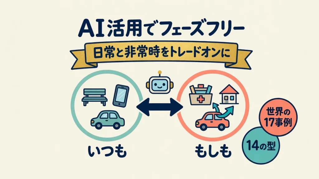 AI活用でフェーズフリー。日常と非常時をトレードオンに。いつものベンチ・スマホ・車が、もしもの防災用具や家への給電に変わる図解