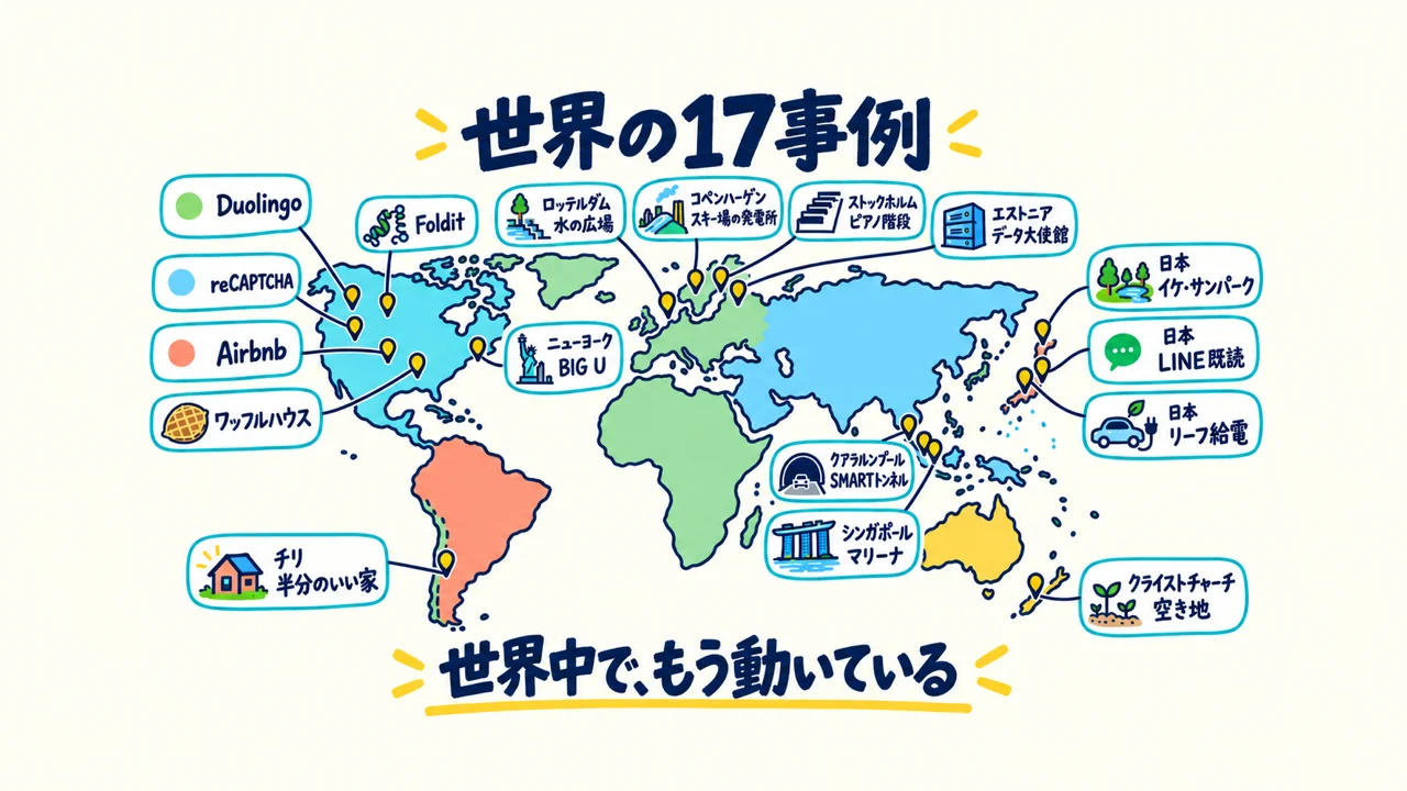 世界の17事例の地図。ロッテルダム水の広場、SMARTトンネル、LINE既読、ワッフルハウス、Foldit、ピアノ階段など