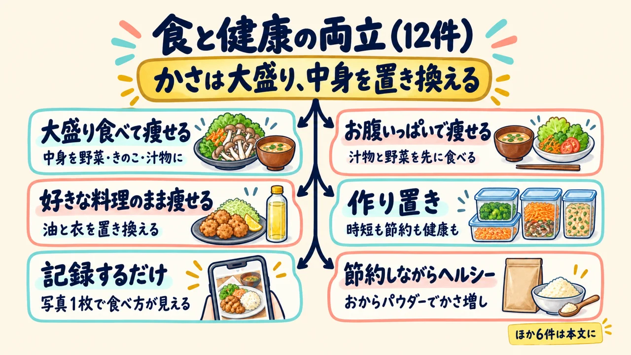 食と健康の両立の図解。大盛り食べて痩せる、お腹いっぱいで痩せる、作り置き、記録するだけなど
