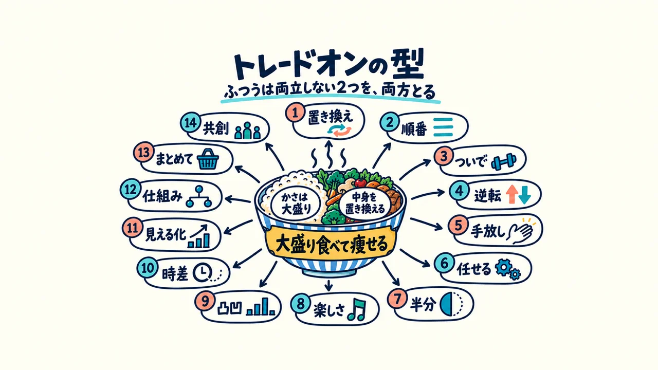 トレードオンの14の型の図解。中央に大盛り食べて痩せる、周りに置き換え・順番・ついで・任せる・共創など