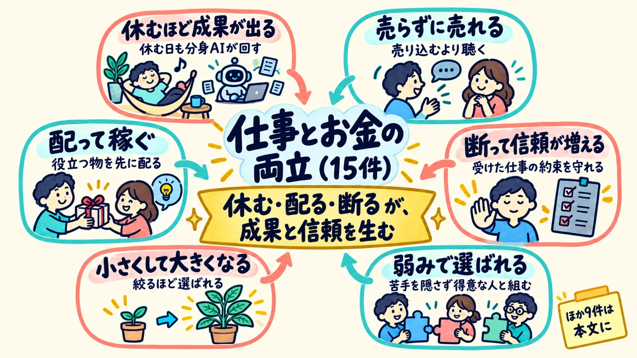 仕事とお金の両立の図解。休むほど成果が出る、売らずに売れる、配って稼ぐ、断って信頼が増えるなど