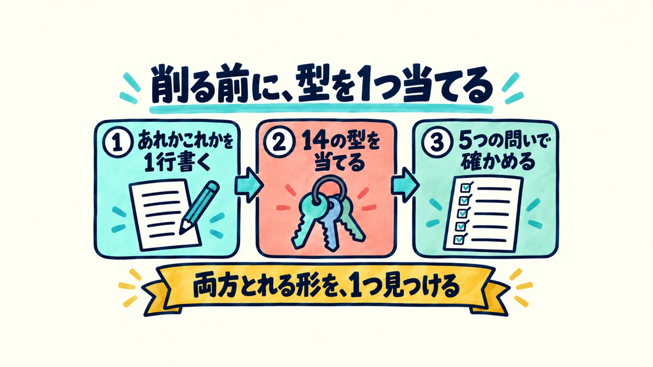 削る前に型を1つ当てる3ステップ。あれかこれかを1行書く、14の型を当てる、5つの問いで確かめる