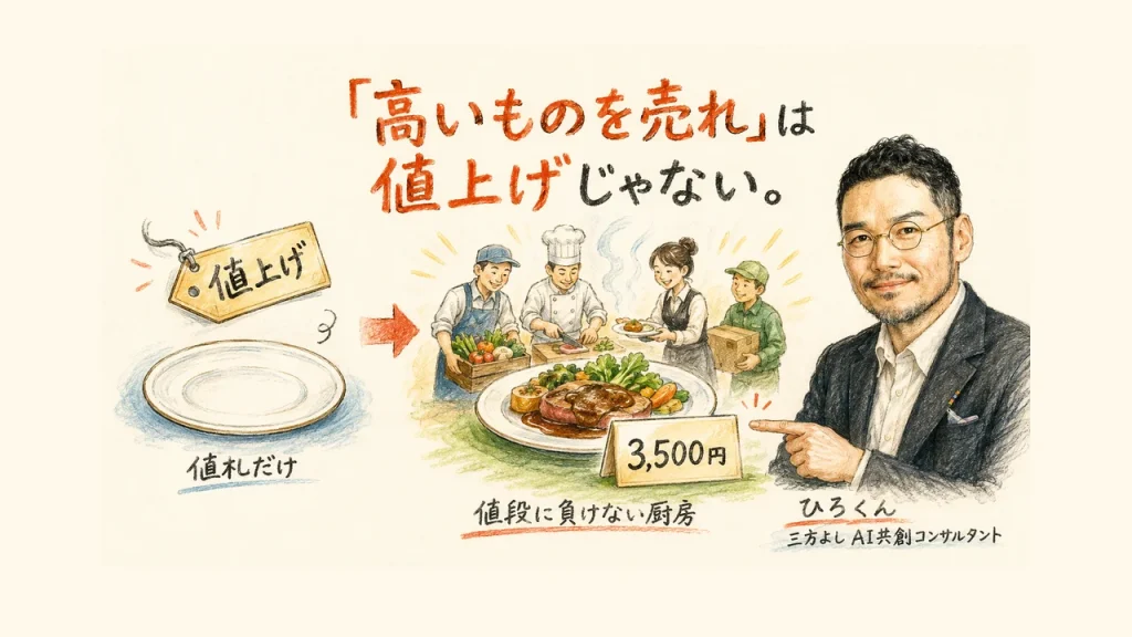 「高いものを売れ」は値上げじゃない。値札だけ vs 値段に負けない厨房の対比