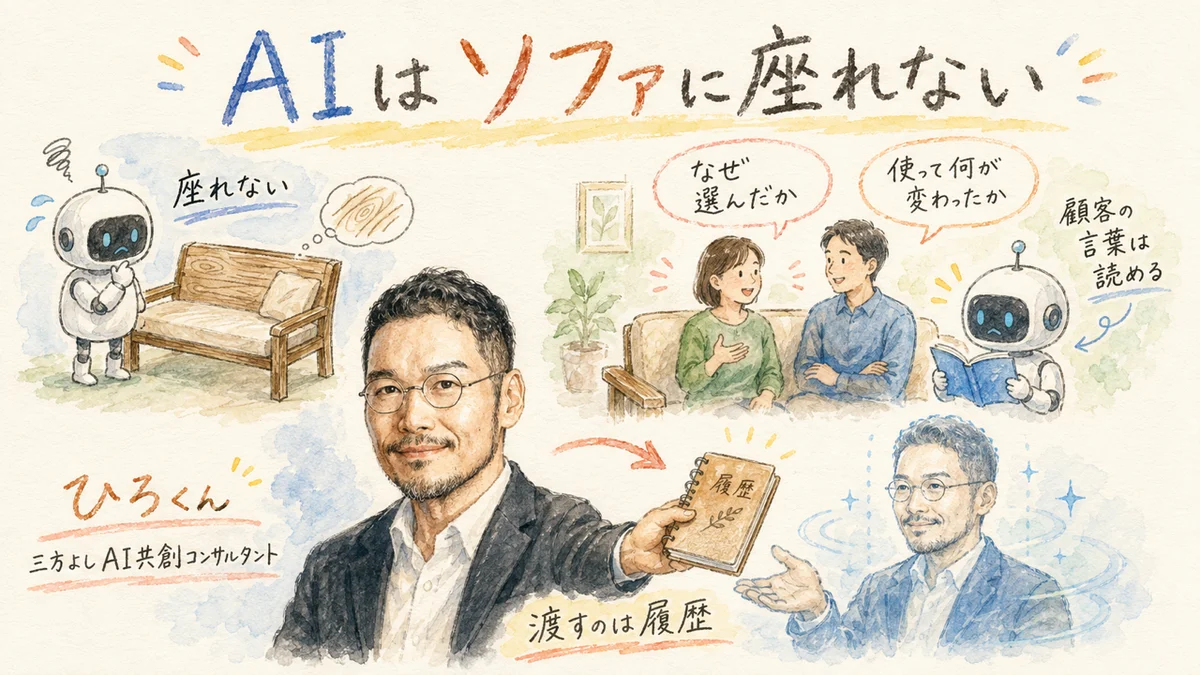 AIはソファに座れない。でも顧客が語った言葉は読める。分身AIに履歴を渡す