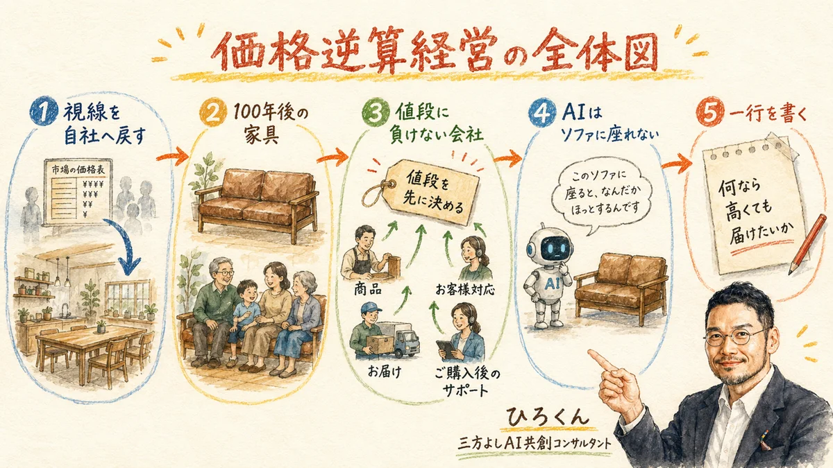 記事全体図：視線を自社へ戻す→100年後の家具→値段に負けない会社→AIはソファに座れない→一行を書く