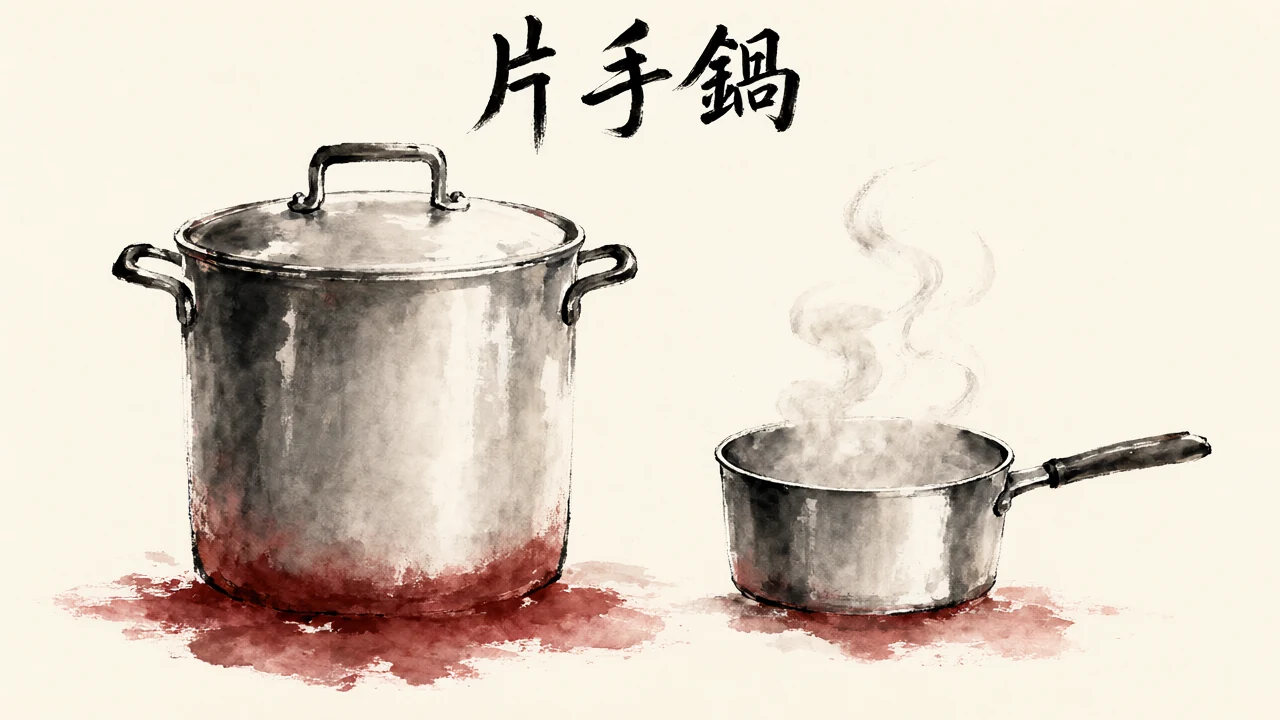 「片手鍋」の筆文字と、大きな寸胴鍋と小さな片手鍋が並ぶ水墨画風のイラスト