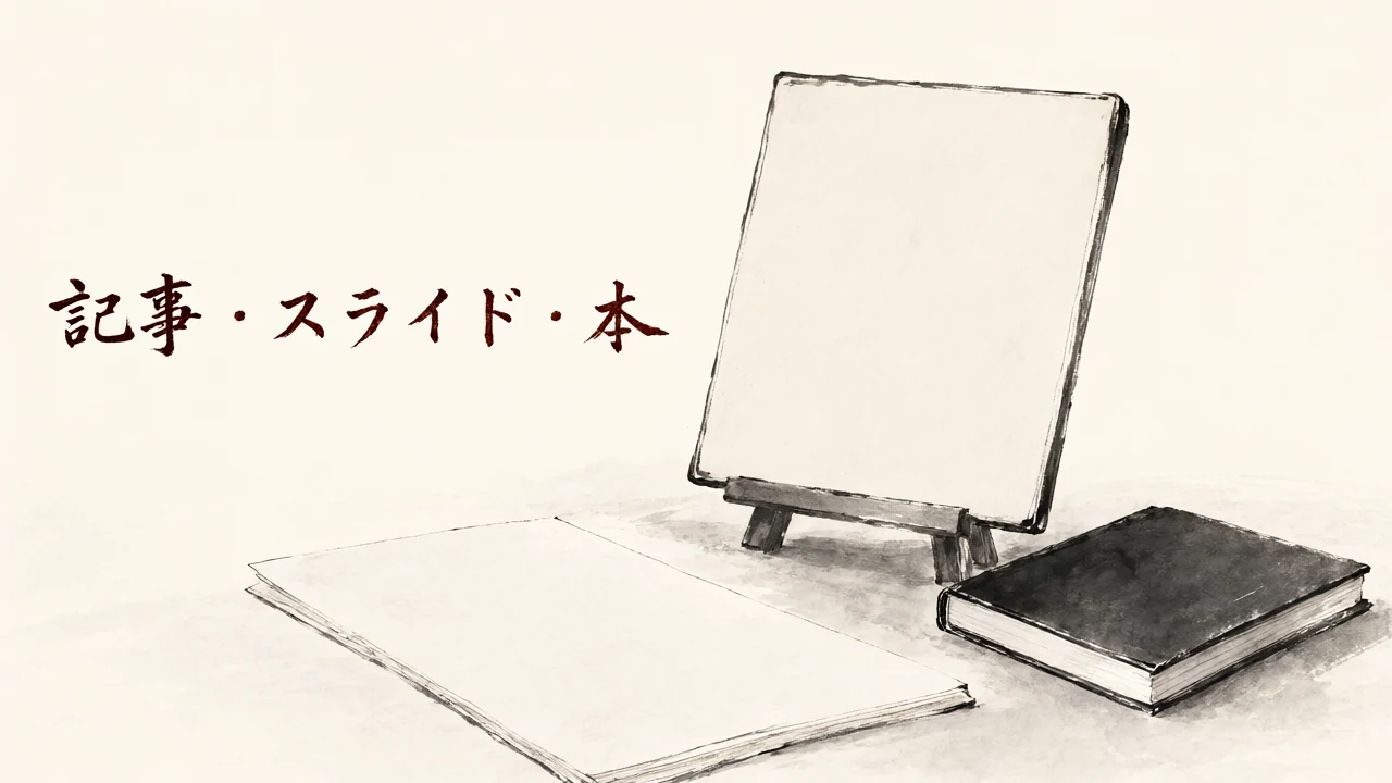 「記事・スライド・本」の筆文字と、白紙の紙・イーゼルのボード・本