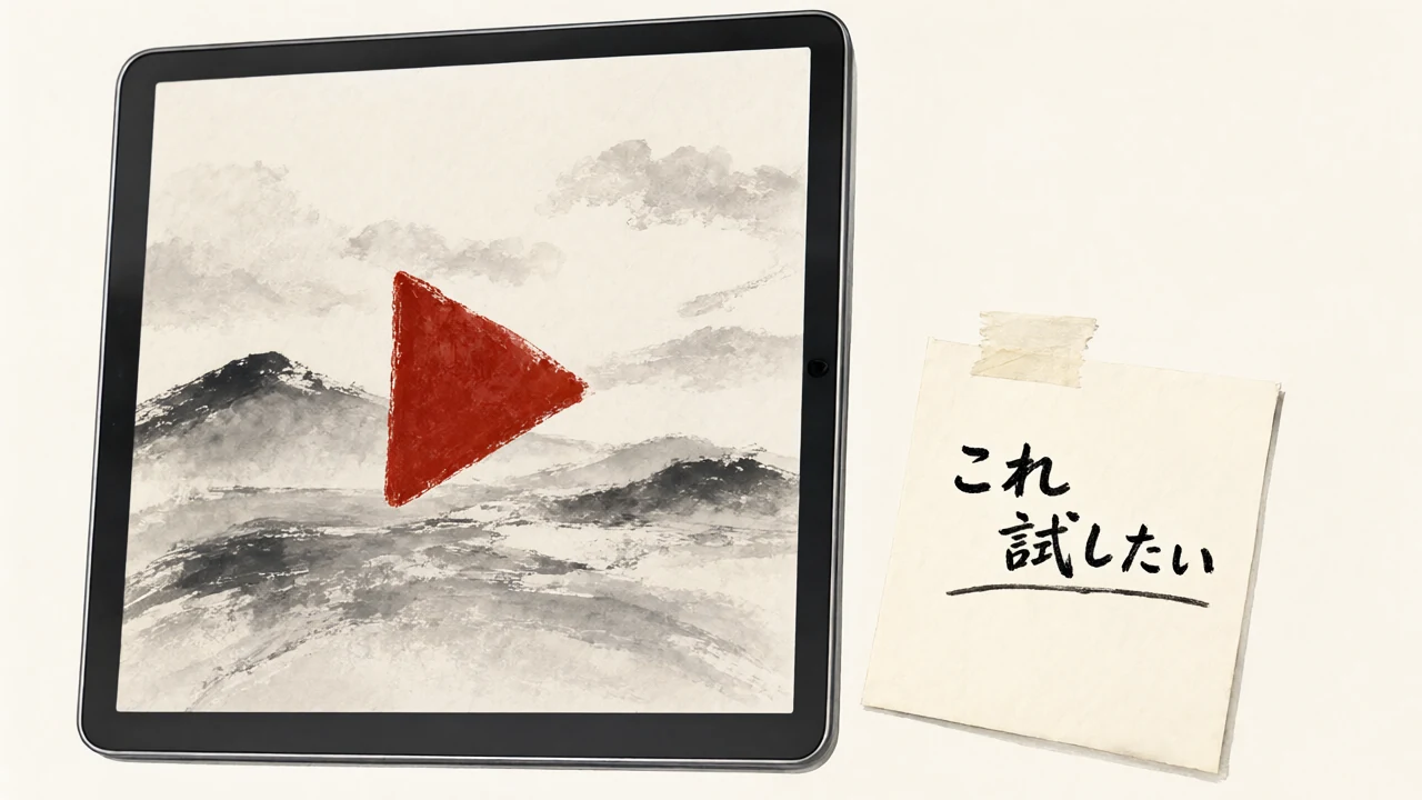 メモに「これ試したい」と書かれ、横のタブレットで動画が再生されている水墨画風のイラスト