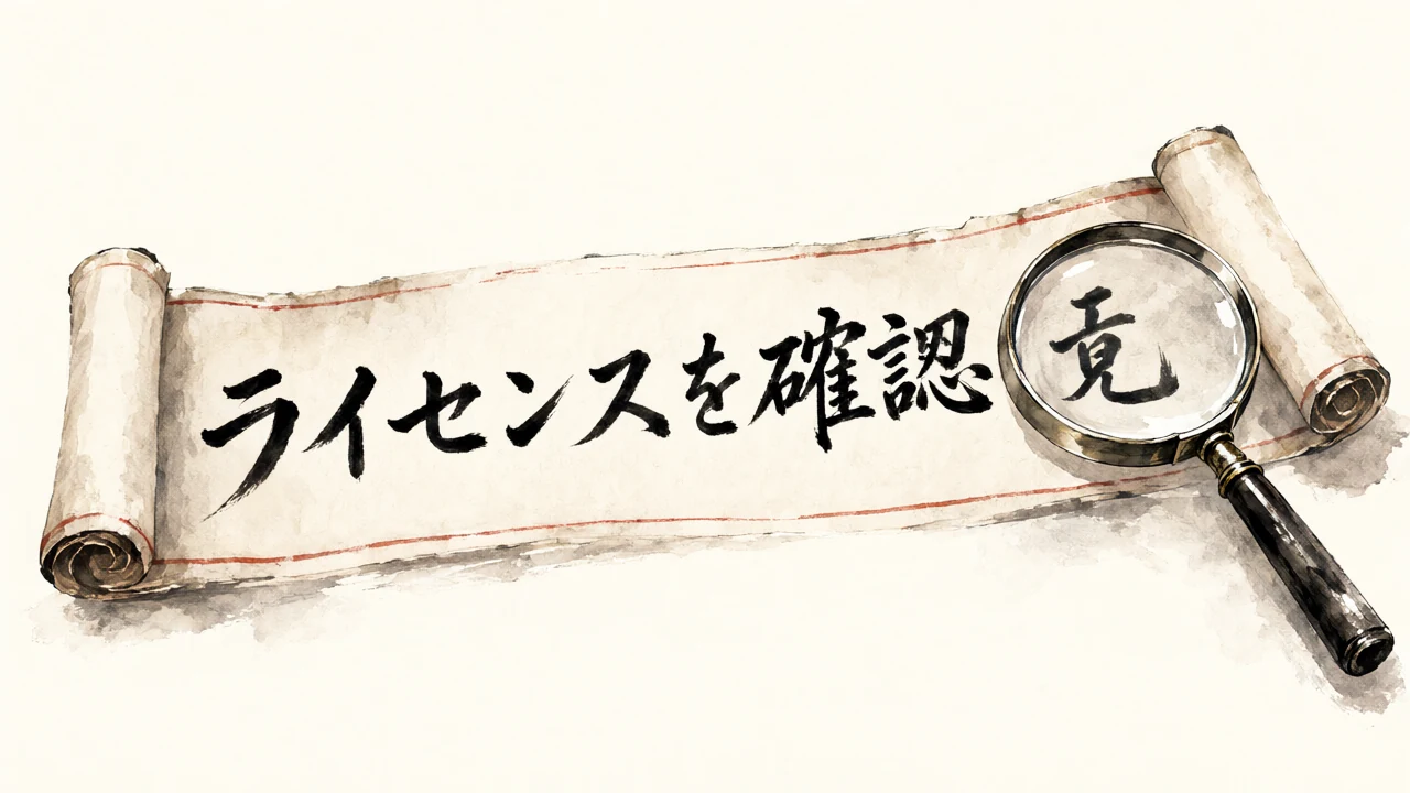 巻物に「ライセンスを確認」と筆文字で書かれ、横に虫めがねがあるイラスト