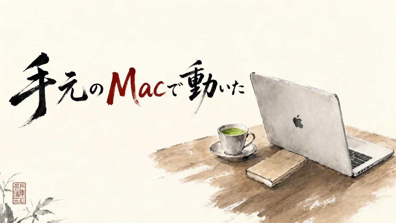 「手元のMacで動いた」の筆文字と、机の上のノートパソコンと緑茶