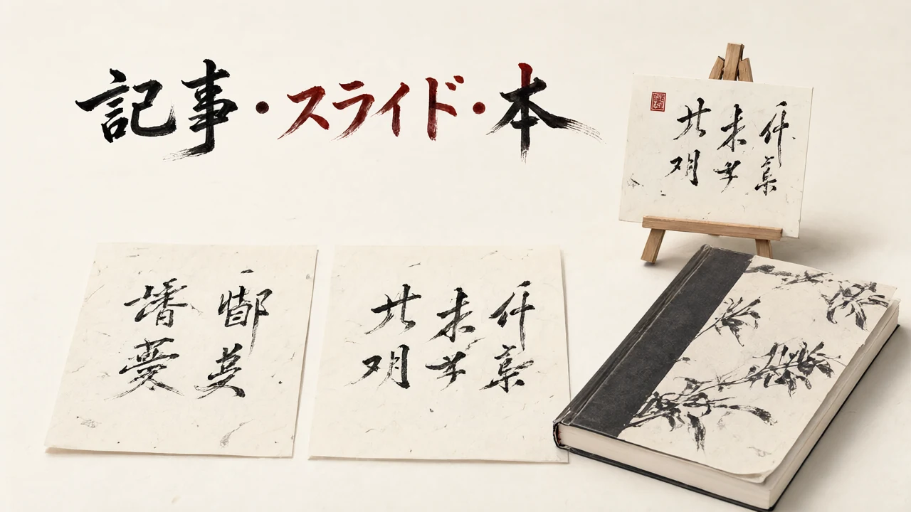 紙とボードの上に、漢字のように見えて読めない文字が並んでいるイラスト