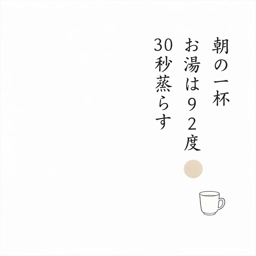 縦書きで「朝の一杯 お湯は92度 30秒蒸らす」と入ったミニマルなレシピカード
