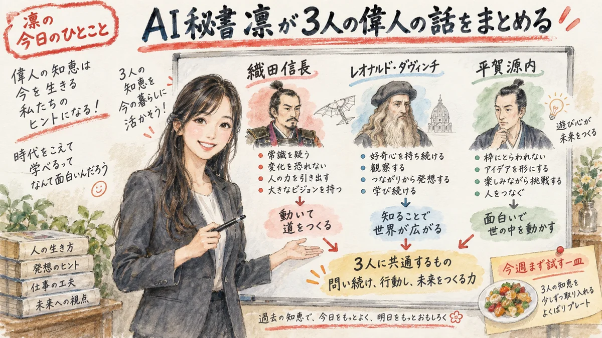 AI秘書の凛ちゃんが偉人3人の話をまとめるグラフィックレコーディング風イラスト