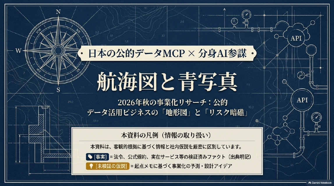 公的データ×MCP事業レポートの表紙スライド。NotebookLMで54ソースを読み込んで作った15枚の全体図
