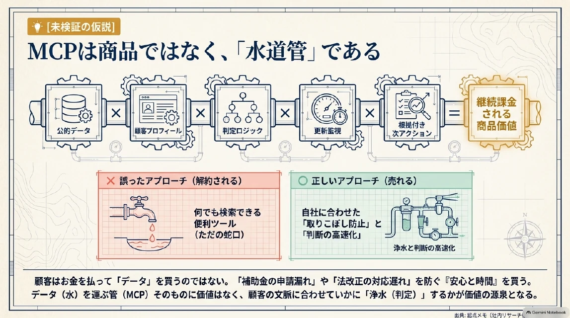 結論スライド：MCPは商品ではなく水道管。誤ったアプローチ（検索だけ）と正しいアプローチ（公的根拠×顧客プロフィール×判定×監視×次アクション）の対比