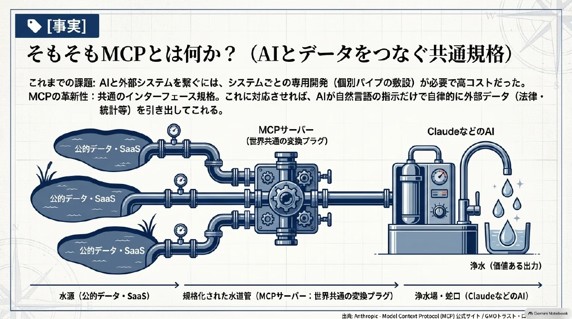 MCPとは何かのスライド：国のデータベースが水源、MCPサーバーが変換プラグ、対話AIが浄水場