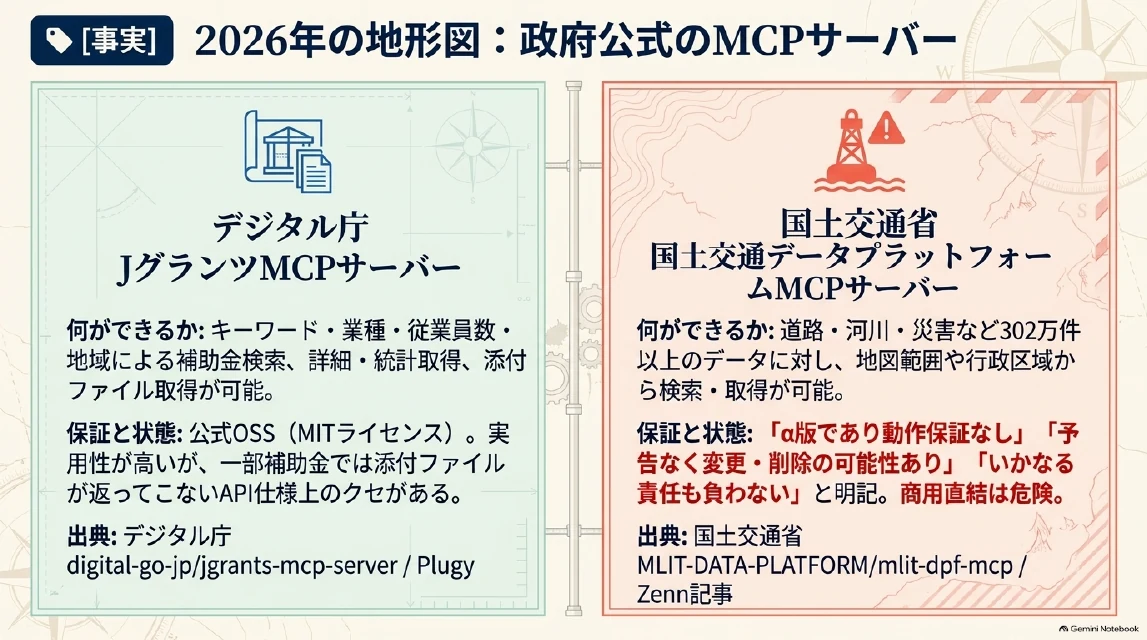 2026年の地形図スライド：デジタル庁jGrants MCPと国交省MLIT DPF MCPの2つの公式MCPサーバーと、その但し書き