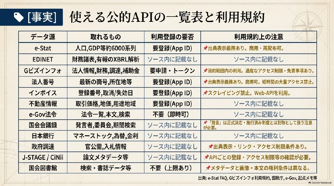 公的APIの一覧スライド：jGrants・法人番号・gBizINFO・e-Stat・EDINET・e-Gov・日銀などの登録要否と利用条件