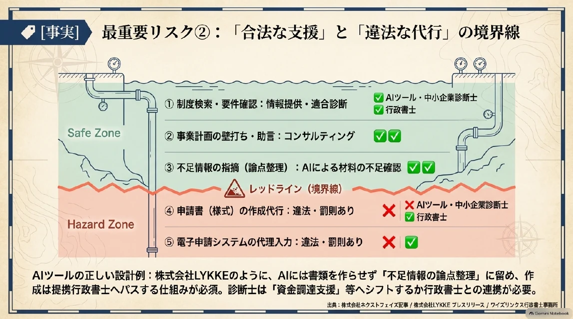 行政書士法のSafe／Hazardスライド：AIができること（検索・論点整理・不足指摘）とできないこと（本文作成・代理入力・名目変更）