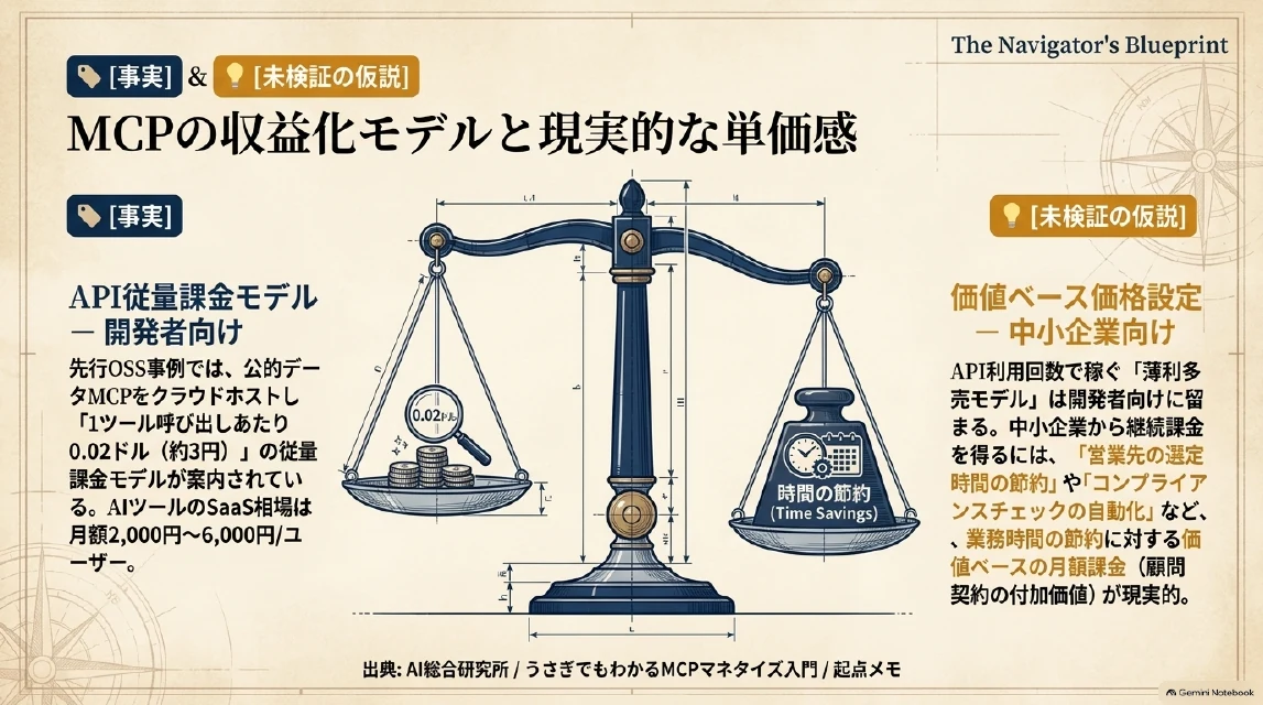 MCPの収益化モデルと単価感のスライド：API従量課金（開発者向け）と価値ベースの月額（中小企業向け）の分岐