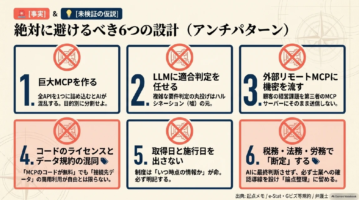 避けたい6つの設計のスライド：巨大MCP・LLMに適合判定・外部リモートMCPに機密・ライセンスと規約の混同・取得日と施行日を出さない・税務法務労務で断定