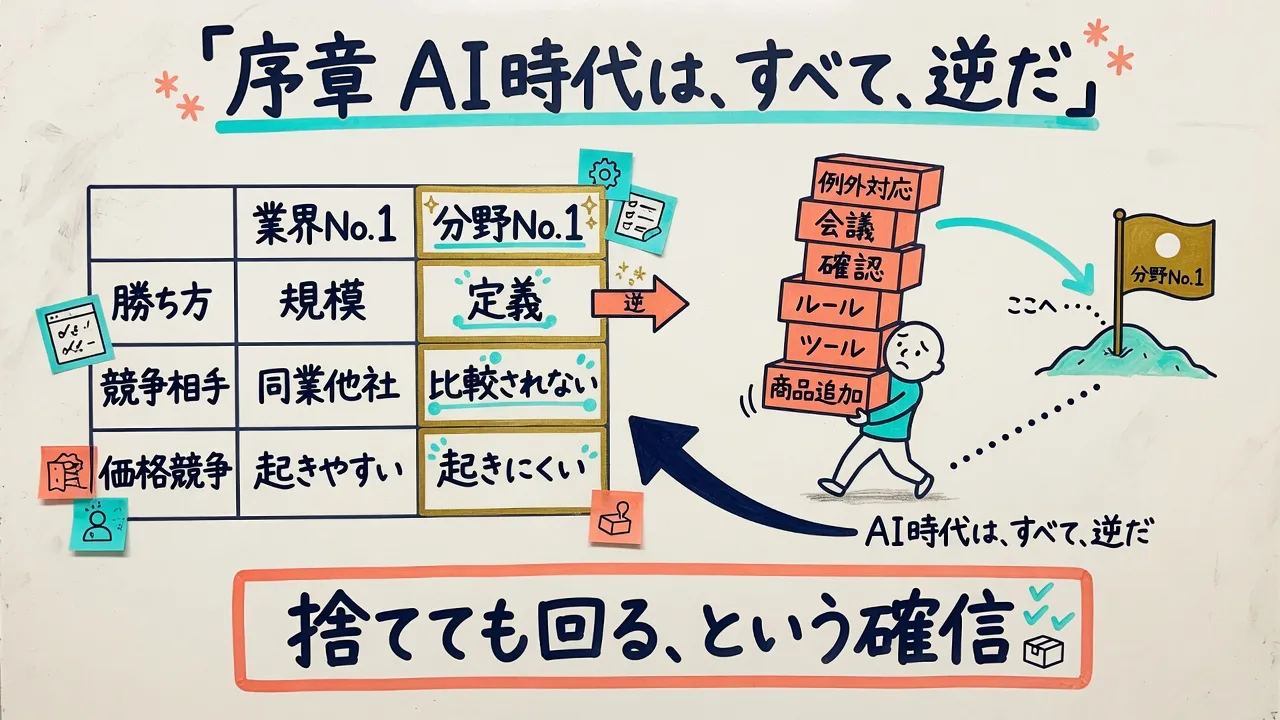 業界No.1と分野No.1の違いと、荷物を抱えたままでは旗を持てない構図を示した図解