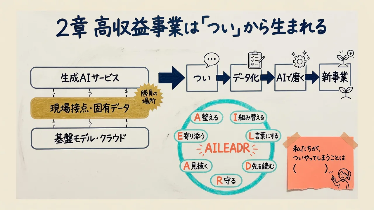 現場接点・固有データの層と、ついからAILEADRの7類型への流れを示した図解