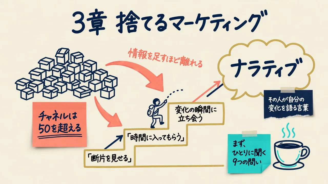 捨てるマーケティングと変化体験タッチポイントの3段階、ナラティブを示した図解