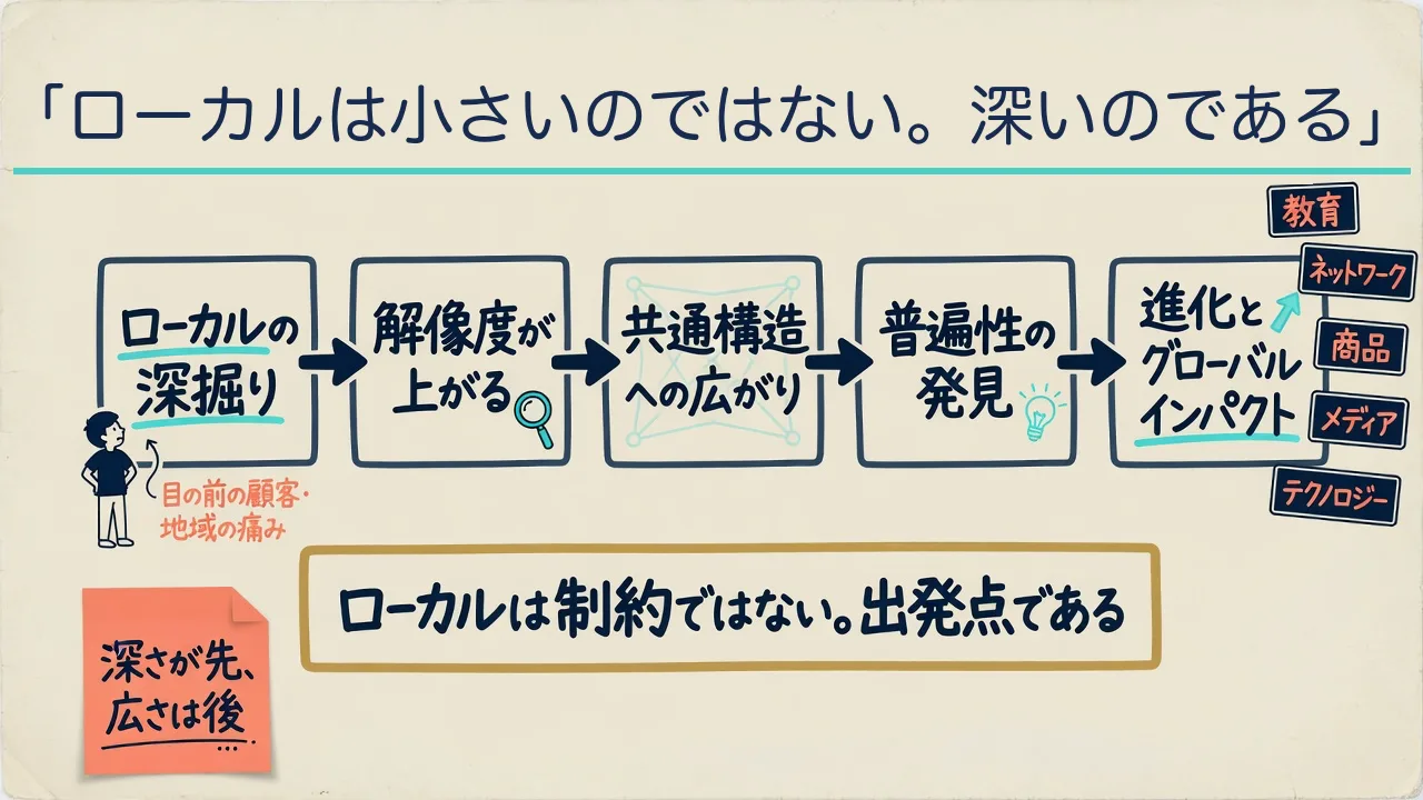 ローカルの深掘りから普遍性の発見とグローバルへの波及までの5段を示した図解