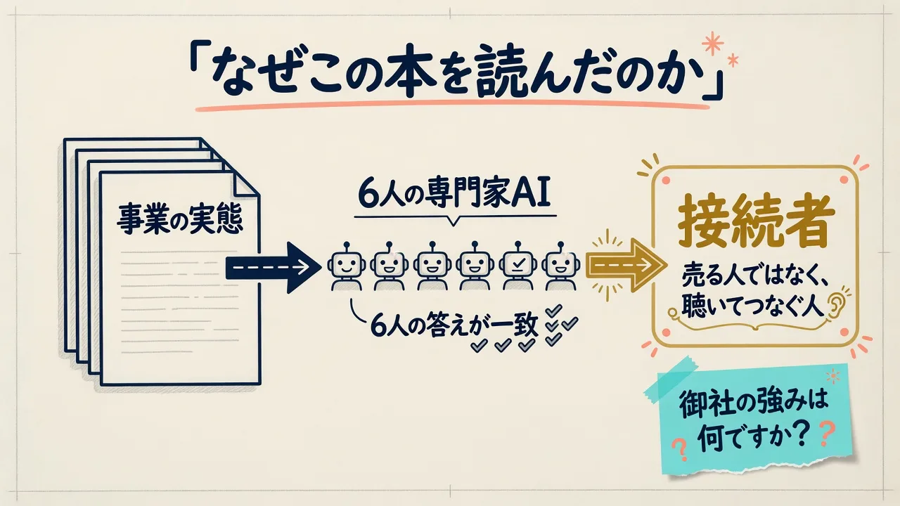 事業の実態を6人の専門家AIに渡し、6人の答えが接続者で一致したことを示した図解