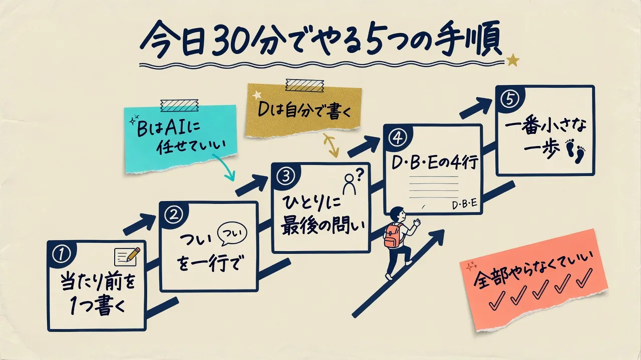 本のワークを今日30分でやる5つの手順を階段で示した図解
