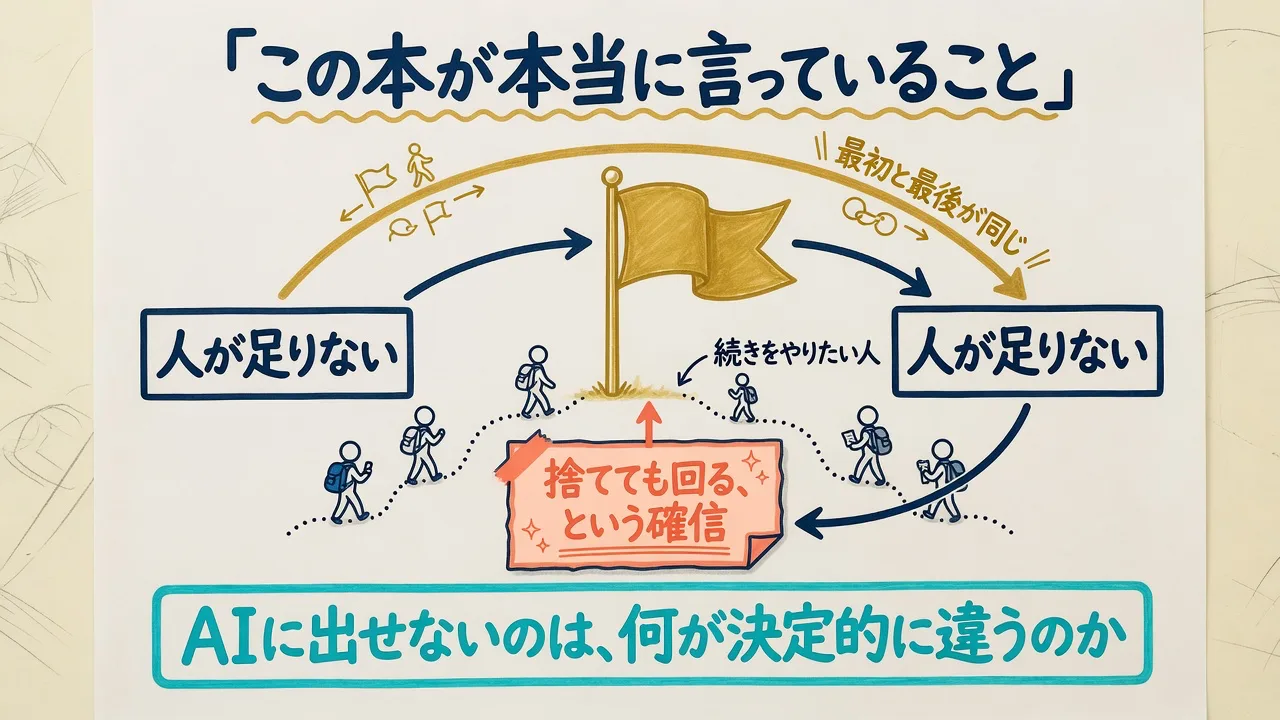 最初と最後が人が足りないで閉じる本の構造と旗に集まる人を示した図解