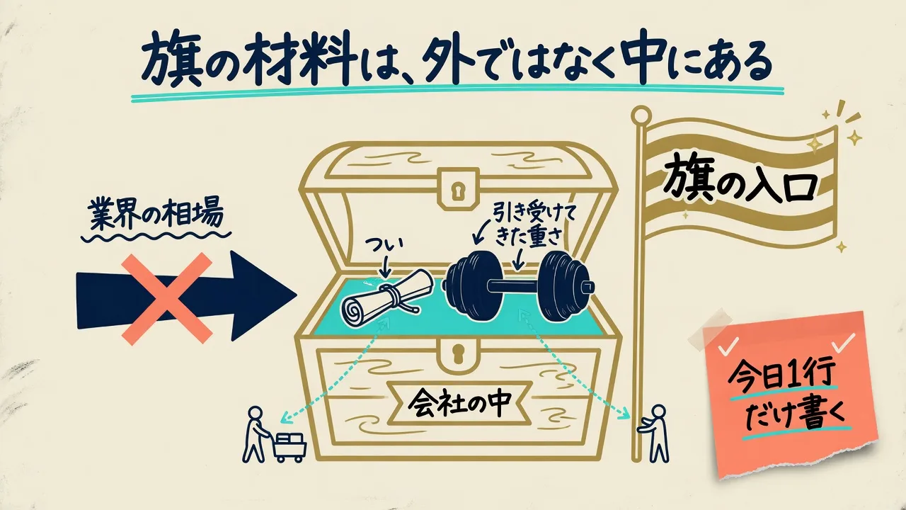 旗の材料は会社の中のついと引き受けてきた重さにあるというまとめの図解