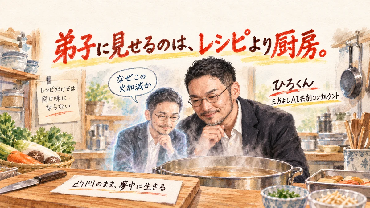 厨房で分身AIと一緒に出汁の鍋をのぞき込むひろくん