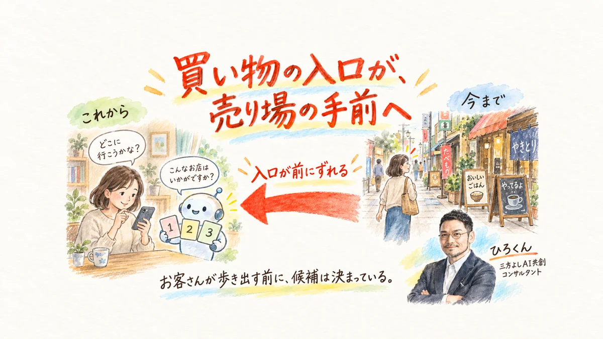 買い物の入口が売り場の手前へずれ、AIが候補を3軒に絞る図