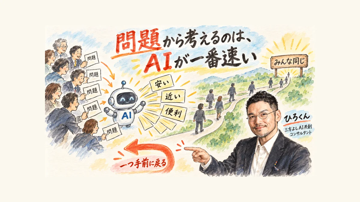 問題から考えるとAIが解決策を瞬時に並べ、みんな同じ答えへ寄っていく図